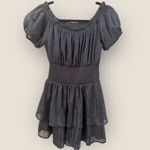 Andrée Elegant Navy Puff Sleeve Ruffled Mini-Dress Sz S Shimmery w/ Silver AS